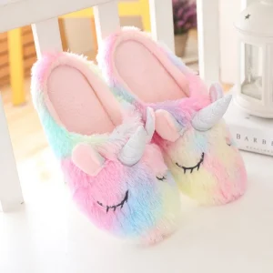 pantoufle en peluche licorne arc-en-ciel pour femme