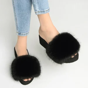 pantoufles compensées en fourrure antidérapantes pour l'été